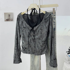 Hnewly  Destressed Two Piece Set Lace-up Cardigan with Cami Women's Y2K Grunge Crop Long Sleeve Criss Cross Knit Tops Acubi Outfit