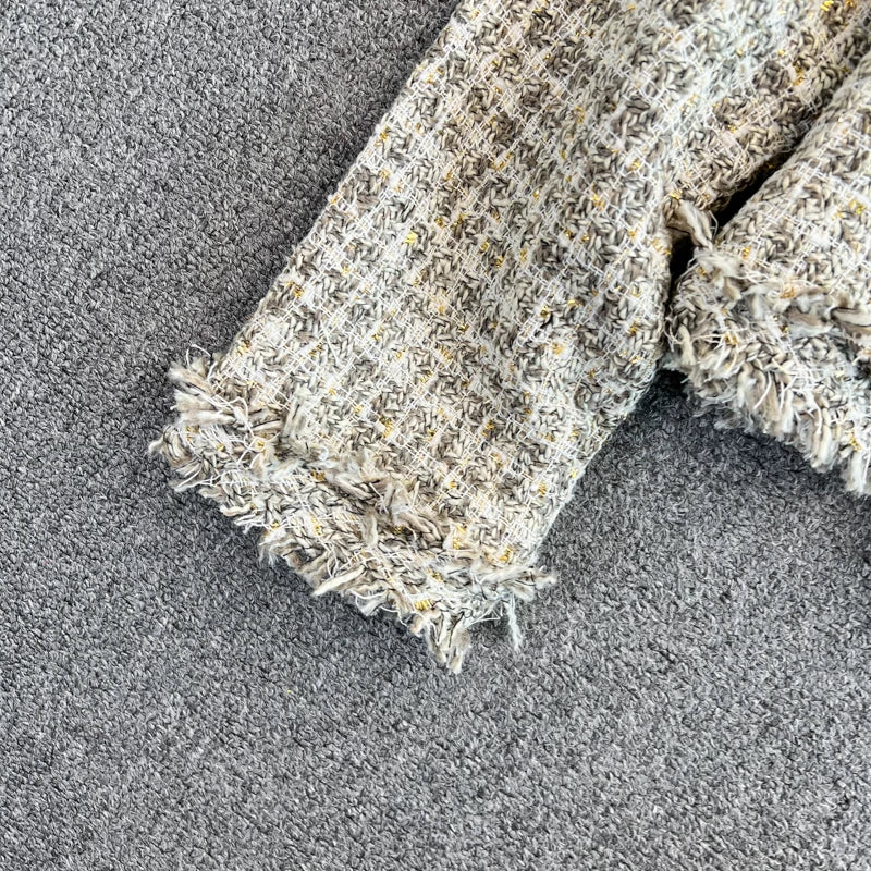 Hnewly  Woven Tweed Jacket Women Autumn Winter New Slim O-neck Single Breasted Coat Elegant Raw Edge Tassel Long Sleeve Blazer
