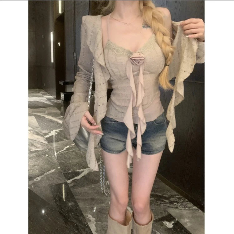 Hnewly  Sweet Vintage 3D Rose Halter Patchwork Camisole Vest+ Irregular Hollow Out Long Sleeve Cardigan Spring New Two Piece Sets