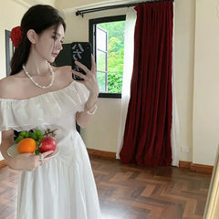 Hnewly  White Summer New Long Waist-Cinching Square-Necked Gown with Flyaway Sleeve One-Shoulder A- Line Skirt Dress for Women