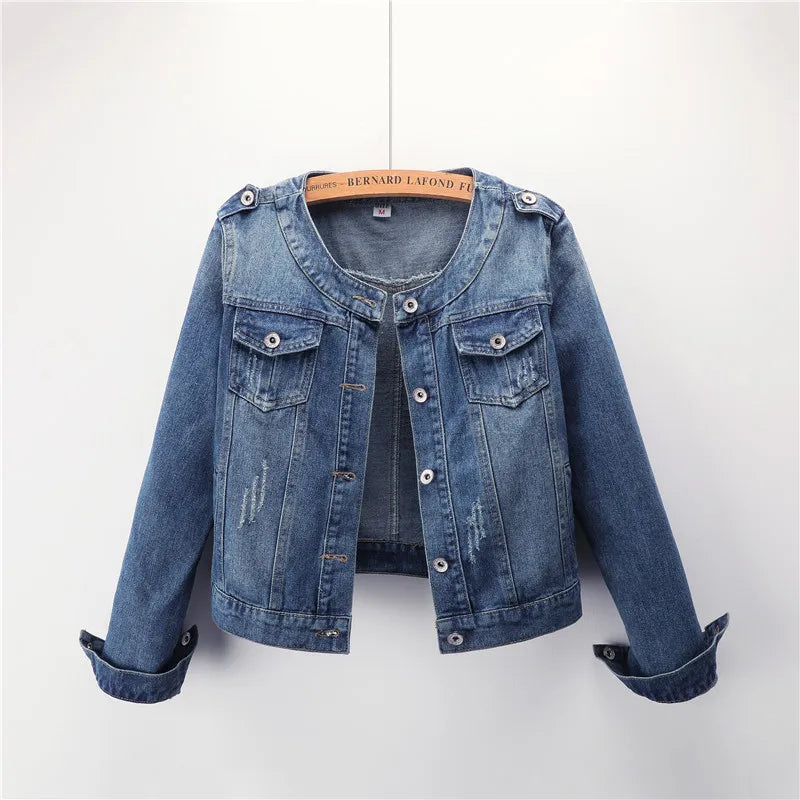 Hnewly Spring Autumn Denim Jacket 2025 New Women Versatile Long Sleeved Round Neck Outwear Large Size Slim Fit Short Top Trendy