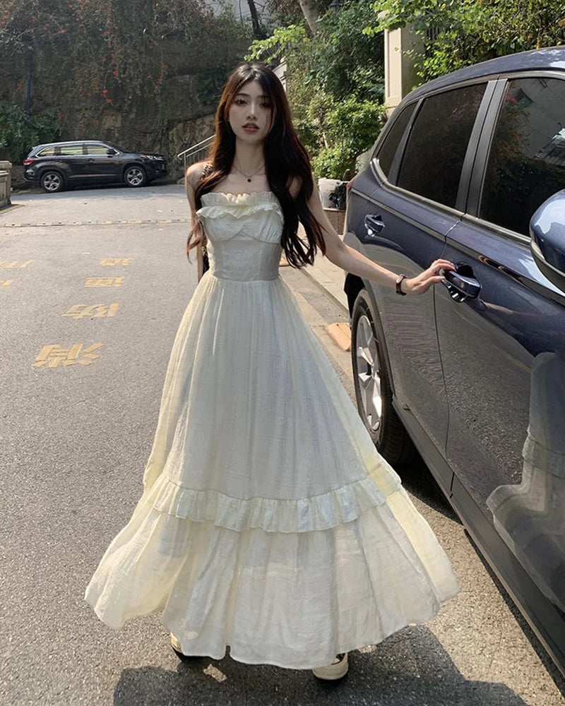 Hnewly Elegant Satin V Neck Dress Women Y2K Korean Chic Ribbon Slim Midi Dress Summer Sexy Hollow Out Folds Sleeveless Vestidos Mujer