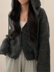 Hnewly  Chic Autumn Winter Lazy Sle Loose Twist Double Zipper Hooded Long Sve Knitted Open Cardigan Sweater Women's Faion