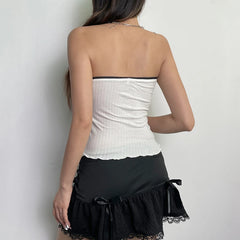 Hnewly See Through Lace Stitched Corset Top Vintage 2000s Casual Contrast Patchwork Strapless Tube Crop Top Women Summer y2k Tee
