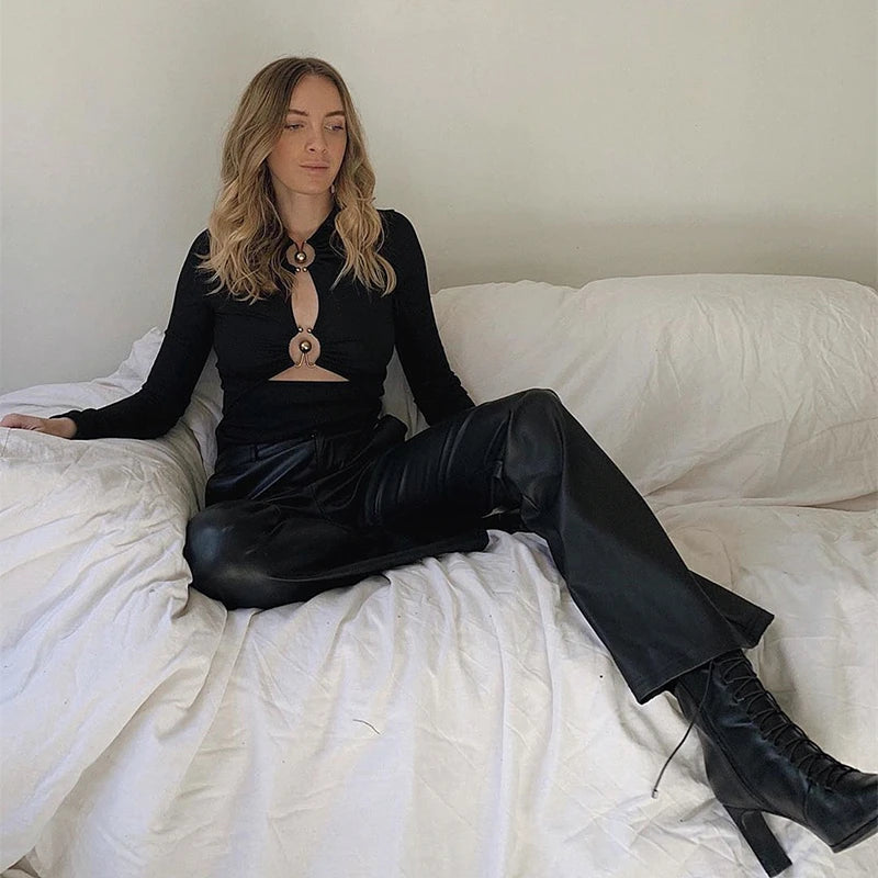 Hnewly Sexy Hollow Out Long Sleeve Bodysuit Metal Ring Connection Fashion Folds Women Bodice Black Bodycon Party Clubwear Top