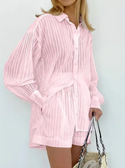 Hnewly  Women's Fashion Two Piece Sets Outfit Striped Bubble Sleeve Shirt +Shorts Commuting Design Casual Set