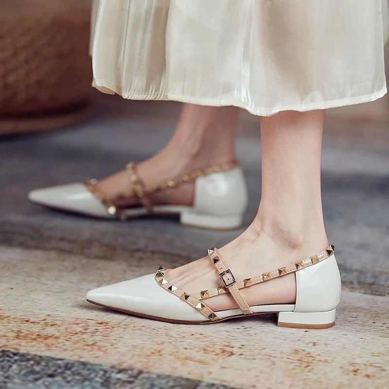 Hnewly Ankle Strap Cut Out D'orsy Studded Rockstud Patent Leather Rivet Flats T-Strap Buckle Walking Soft Women Shoes Travel Size 35-43