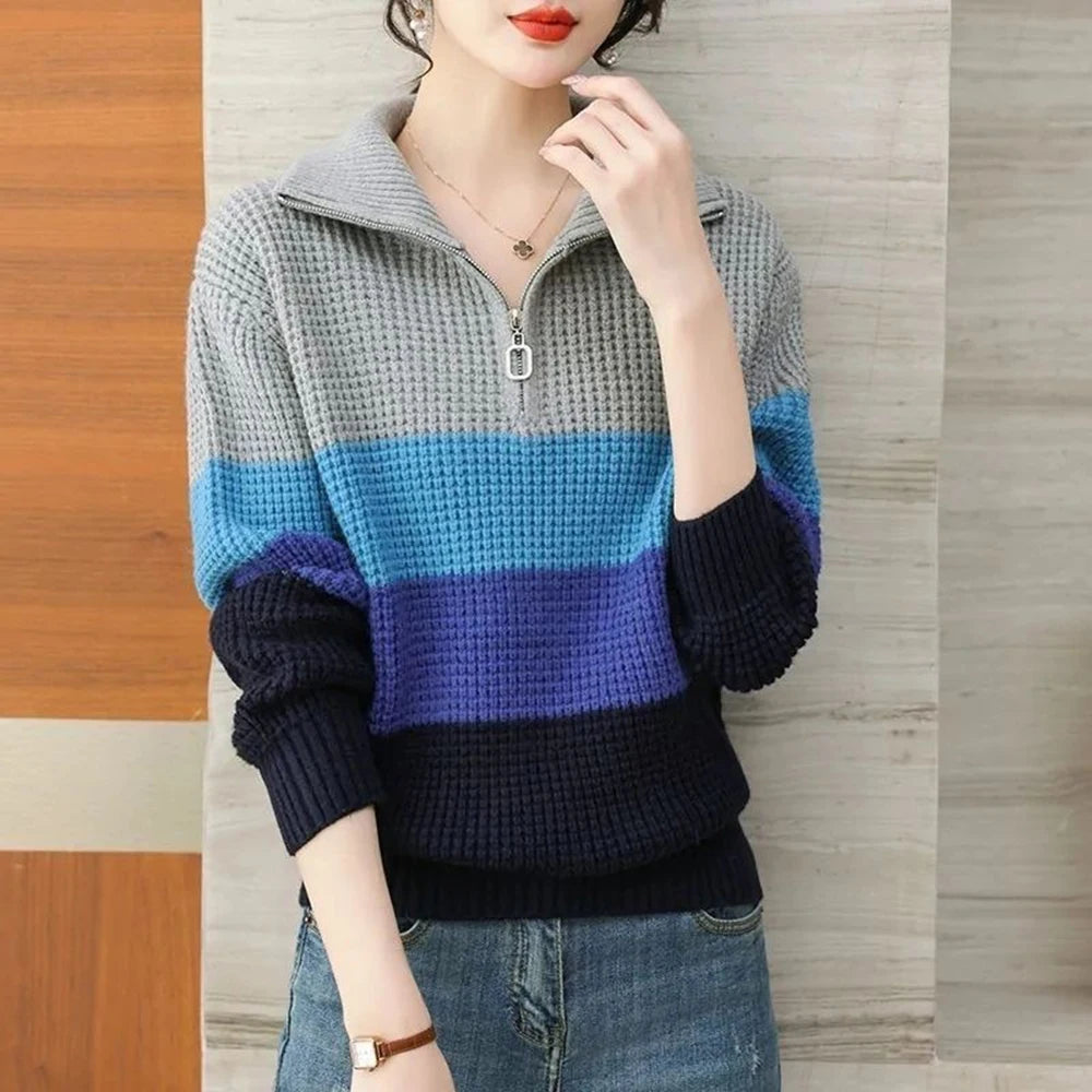 Hnewly  Knitted Stripe Sweater Women's Lapel V-neck Autumn Winter 2025 New Contrast Color Versatile Knitwear Long Sleeve Pullover Tops