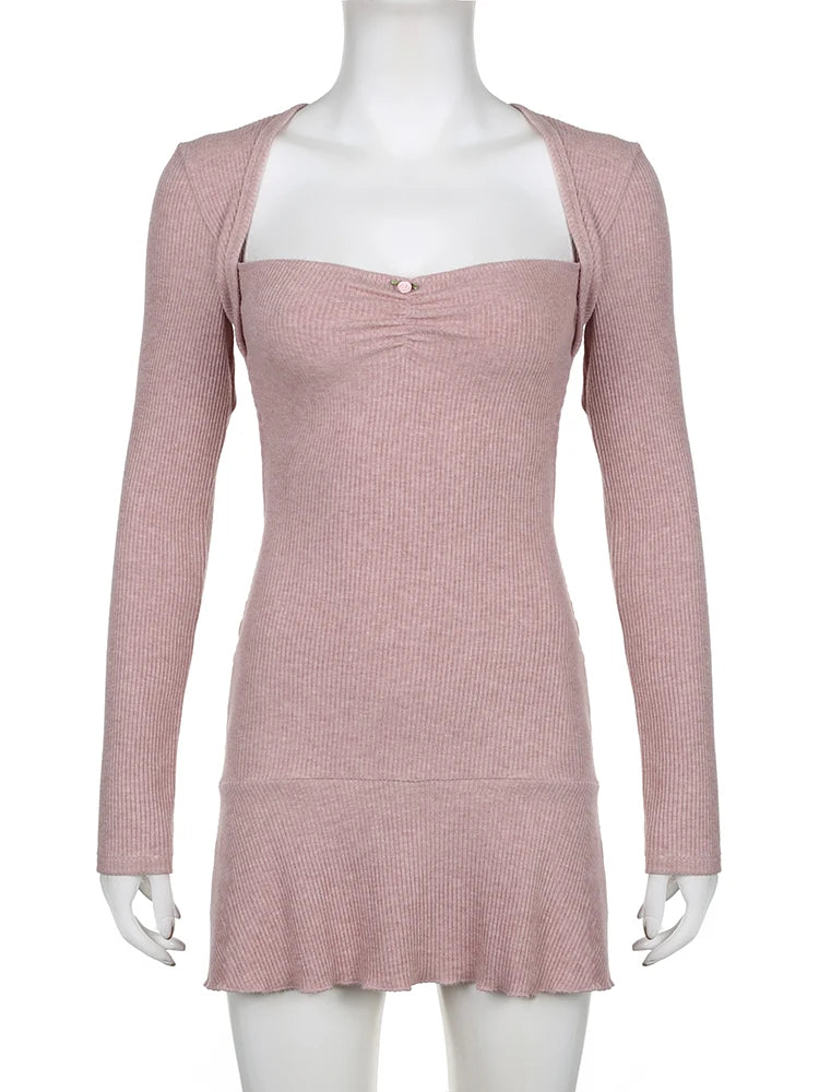 Hnewly DRESS TO IMPRESS Elegant Knitted Mini Dresses Women Autumn Y2K Aesthetics Sweet Slim Long Sleeve Square Collar Dress Solid Casual Korean