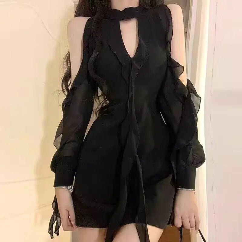 Hnewly  Black Sexy Chiffon Dress Women Elegant Ruffle Mesh Mini One-piece Dress Fairycore Sweet Luxury Bodycon Korean Style