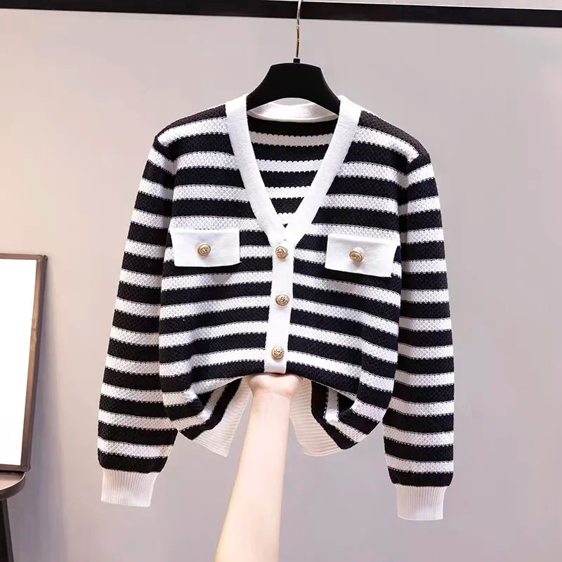 Hnewly  Elegant Striped Knit Cardigan Sweater Spring Autumn New V-neck Long Sleeved Jacket Women's Fashion Gold Button Coat Top