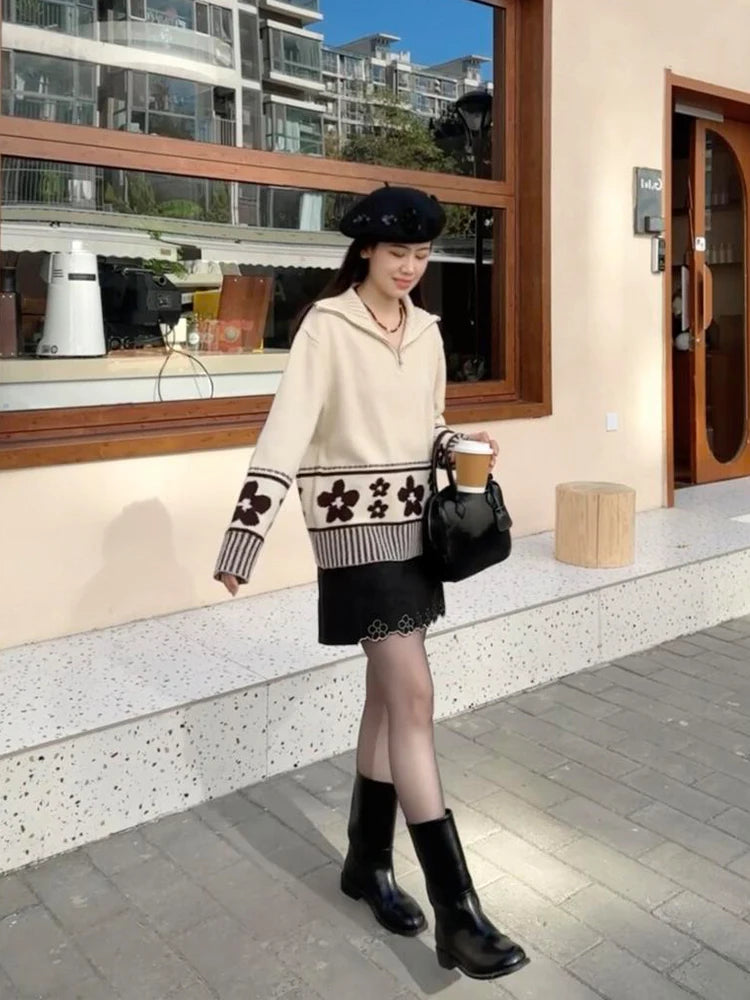 Hnewly  Half Zipper Knit Cardigan Sweater Women Pullovers Cozy Loose Sweater Jacket Collared Long Sleeve Floral Print Fall Winter Outfit