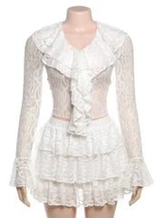 Hnewly  Romantic French Women 2 Piece Set Sexy Ruffle Emboridered Tops+Stacked Mini Skirts Female Summer Matching Street Outfits