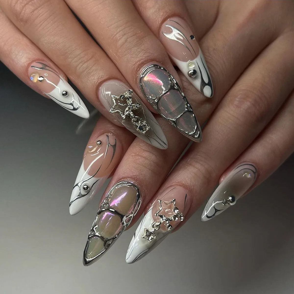 Hnewly 24Pcs Solid Color Grey Almond Fake Nail Cat's Eye Design Wearable Round Head False Nails with Shiny Powder Press on Nails