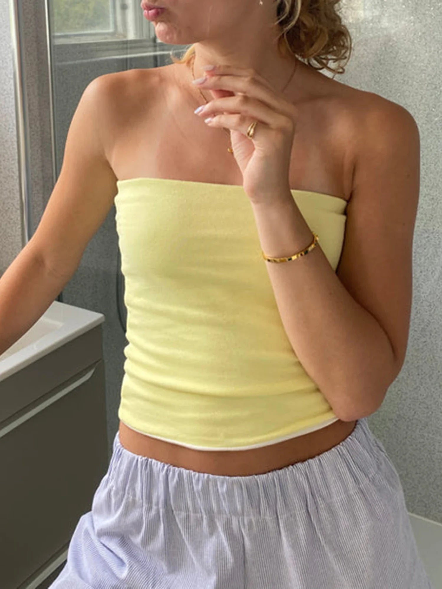 Hnewly  Women Y2K Strapless Tube Tops Sexy Off Shoulder Backless Striped Bandeau Going Out Sleeveless Crop Tank Tops