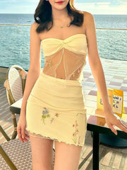 Hnewly  Sweet 2Piece Set Women Mesh Patchwork Splits Sleeveless Backless Tops+Folds Skirt Vacation Beach Party Matching Suit