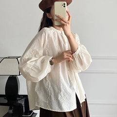 Hnewly  White Floral Embroidery Shirts Women Spring Autumn Elegant Long Lantern Sleeve Blouses Woman O-Neck Single Breasted Female