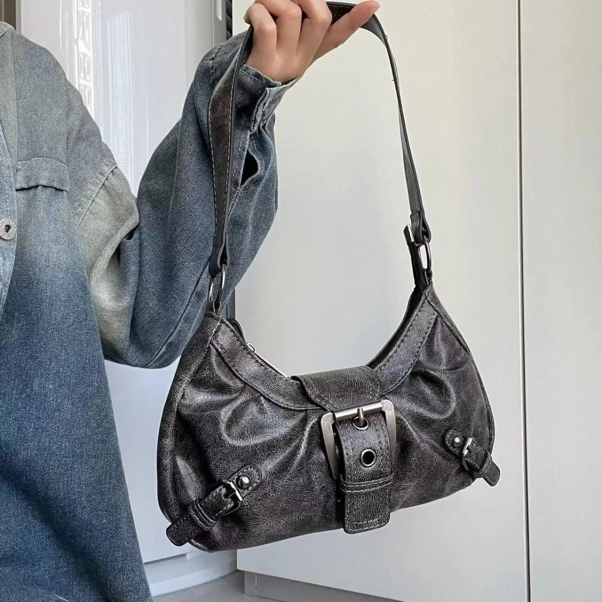 Hnewly  Vintage Brown Y2k Underarm Bag Purse Women Retro Pu Leather Soft Shoulder Tote Bag Ladies Moto Biker Casual Handbag New