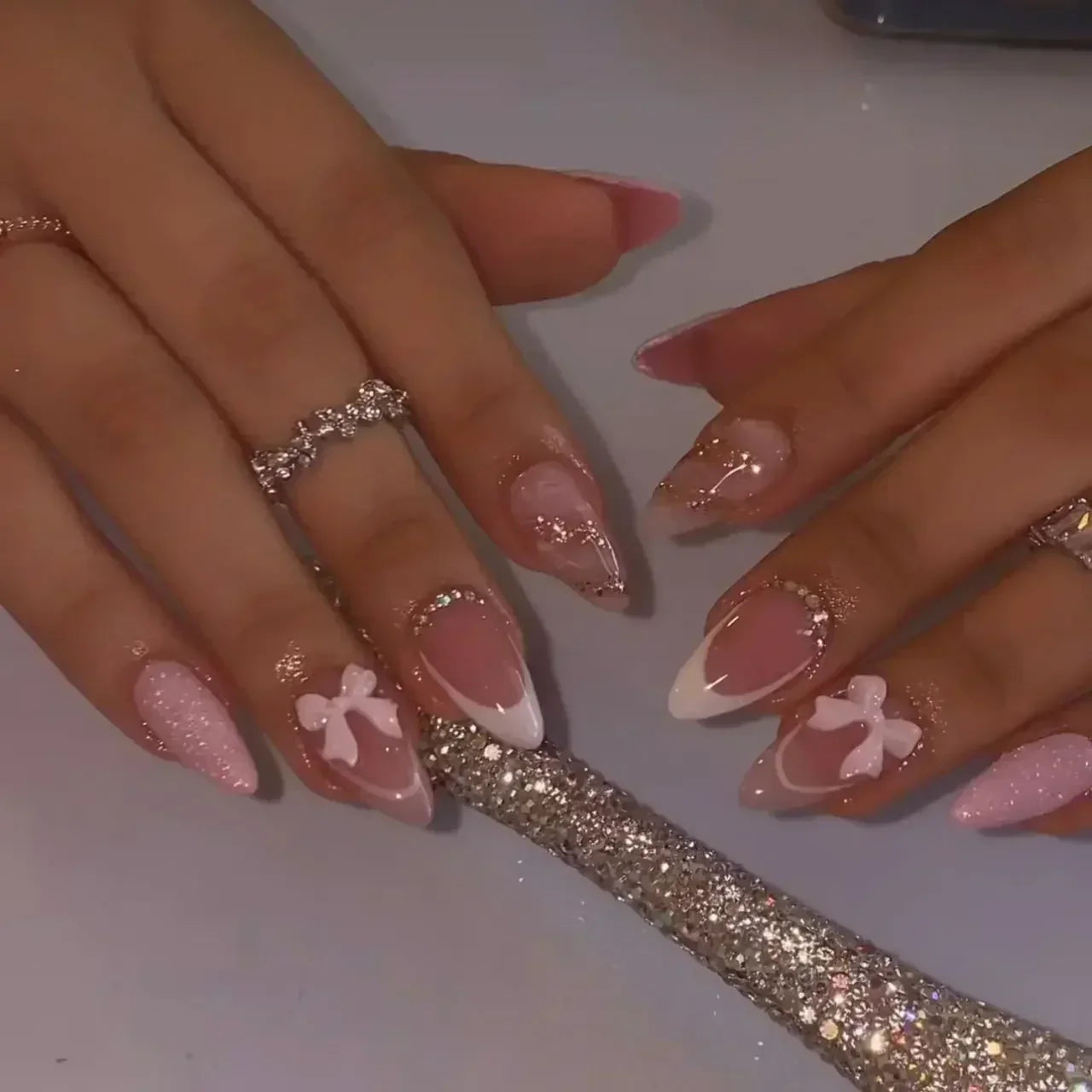 Hnewly 24Pcs Pink Almond False Nails Butterfly Ballet with French Design Wearable Fake Nails Simple Artificial Press on Nails Tips Art