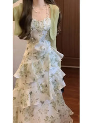 Hnewly  Elegant Floral Slim Waist Ruffles Camisole Cake Dress+ Summer Long Sleeve Cardigan Coat Women New Two Piece Sets