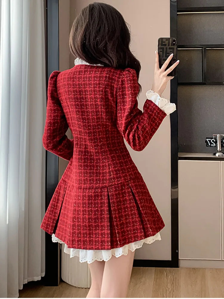 Hnewly French Light Luxury Tweed Pleated Dress Korean Sweet Long Sleeve Heart-shaped Buckle Ruffle Chic Office Ladies Vintage Dresses