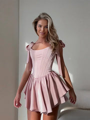 Hnewly  Elegant Women Dress Halter Lace Up Fish Bone Slim Ruched Hem A-line Solid Female Dresses Summer Party Chic Lady Short Robe