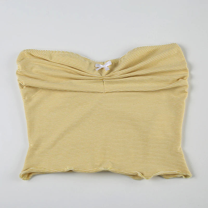 Hnewly Summer Kawaii Striped Crop Top Cute Coquette Bow Stitching Sleeveless Tube Top Women y2k Vintage Knitted Vest Casual Tees