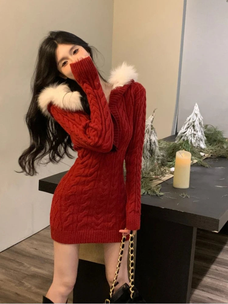 Hnewly Winter Knitted Sweater Dress Hooded Women Slim Bodycon Y2k Mini Dress Faux Fur Female One Piece Dress Korean Elegant