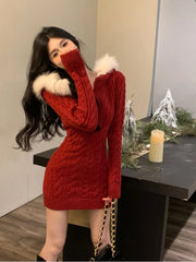 Hnewly Winter Knitted Sweater Dress Hooded Women Slim Bodycon Y2k Mini Dress Faux Fur Female One Piece Dress Korean Elegant