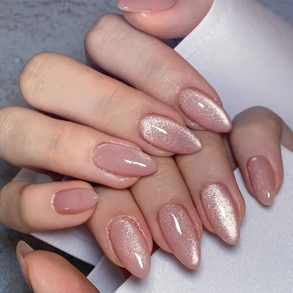 Hnewly 24Pcs Solid Color Grey Almond Fake Nail Cat's Eye Design Wearable Round Head False Nails with Shiny Powder Press on Nails