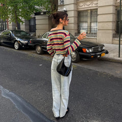 Hnewly  Combhasaki Womens Off Shoulder Knitted Top Loose Fit Casual Y2K Colorful Striped Contrast Color Long Sleeve Crop Sweater Jumpers