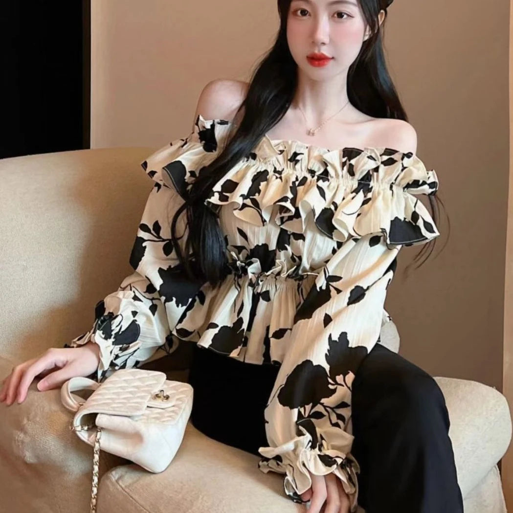 Hnewly Blouses Women New Arrival Spring French Style Slash Neck Ruffles Floral All-match Ladies Sexy Sweet Ins College Skinny Clothing
