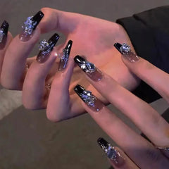Hnewly 24Pcs False Nails French Gradient Ballet Fake Nails Press on Nails Black Heart Rhinestone Design Glitter Full Cover Nail Tips