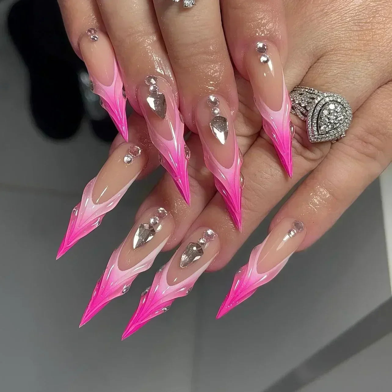 Hnewly 24Pcs French Almond False Nails Glitter with Rhinestones Wearable Fake Nails Artificial Simple Full Cover Press on Nails Tips