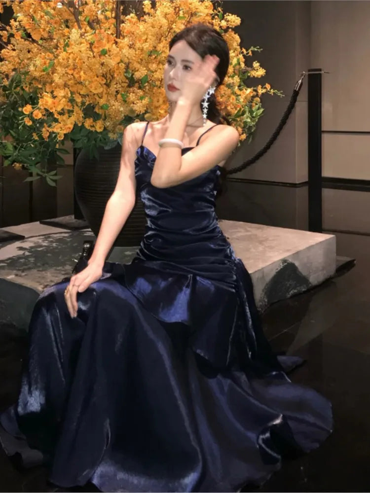 Hnewly Women Blue Elegant Sexy  Long Dresses French  Pleated Slip Sleeveless Prom Vestidos Birthday Evening Party Dress