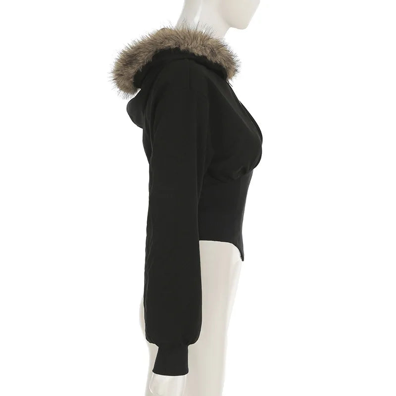 Hnewly y2k Jacket Women Punk Gothic Clothes Solid Color Fur Collar Zip Up Long Sleeve Coat 2000s Grunge Clothing Streetwear