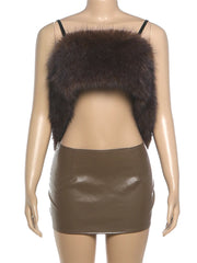 Hnewly  Cutenew Sexy Hipster Luxury 2-Piece Set Women Fur Backless Camisole+Zip Peach Hip Pu Skirt Matching Skinny Clubwear Outfits