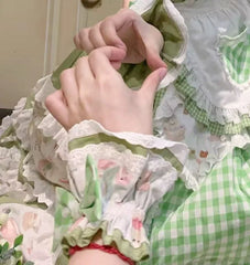 Hnewly  Original Design Mori Girl Style Dress Op Summer New Women's Kawaii Plaid Splicing Short Sleeve Dress Japanese Lolita Long Dress