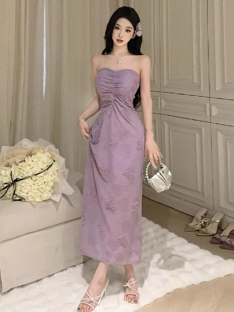 Hnewly  Woman Dress Sweet Sexy Strapless Flowers Slim Backless Vintage Elegant Summer Fashion Party Female Dresses Casual