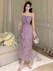 Hnewly  Woman Dress Sweet Sexy Strapless Flowers Slim Backless Vintage Elegant Summer Fashion Party Female Dresses Casual
