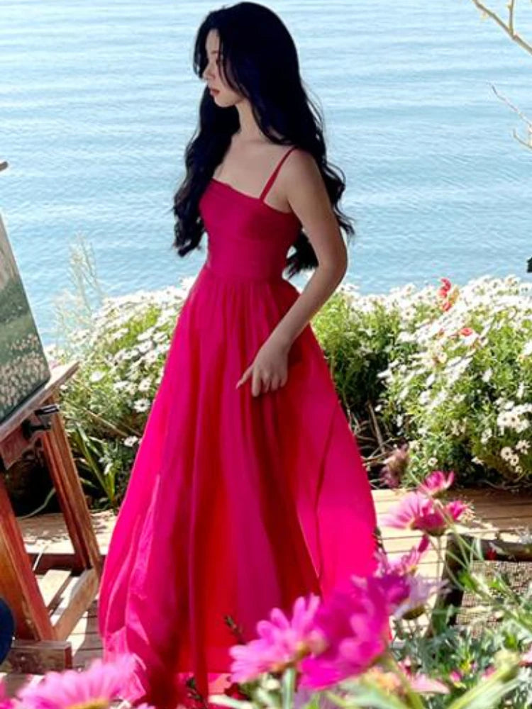 Hnewly DRESS TO IMPRESS Rosy Dress Women Floor Length Sleeveless Elegant Party Simple Casual Summer Holiday Female All-match Vintage Korean Style New