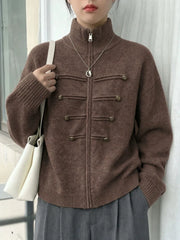 Japanese Solid Stand Neck Casual Cardigan Y2k Aesthetic Double-breasted Knitted Kardigan Autumn Harajuku Zipper Loose Sweater