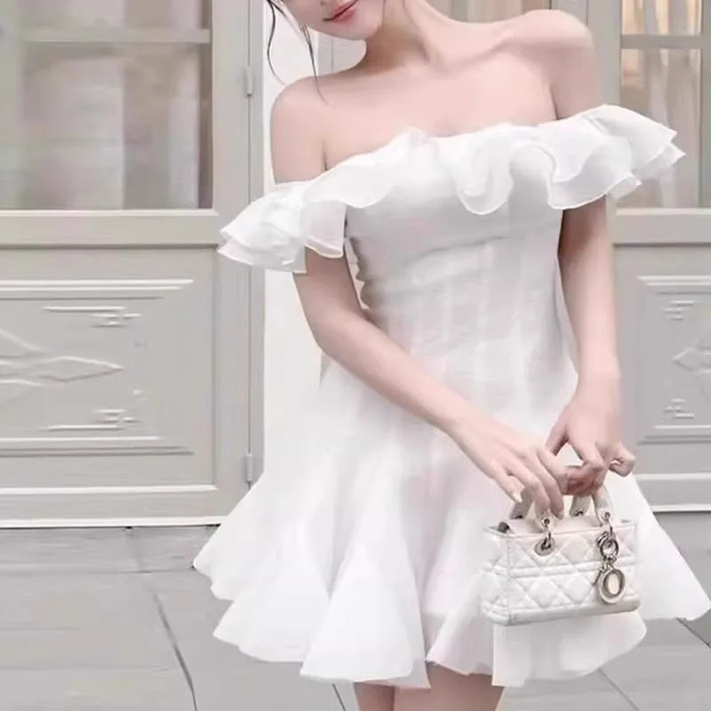 Hnewly Fashion Women Dress Sleeveless Slash Neck Solid Color Lotus Leaf Edge Design Female Party Dresses New Tide