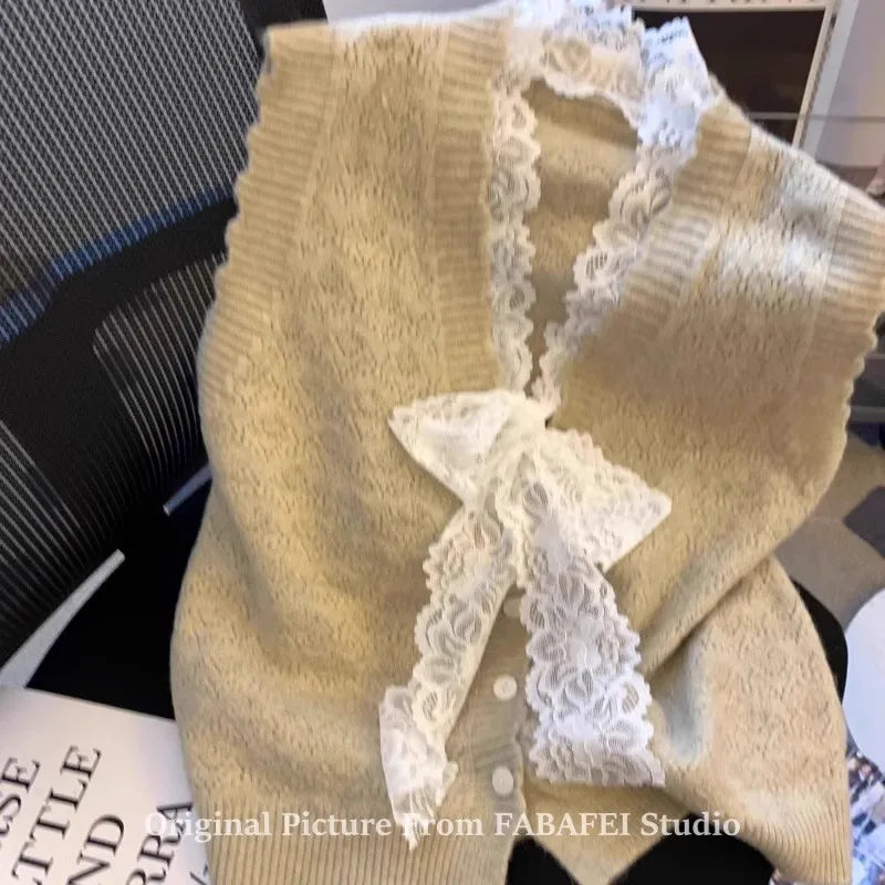 Hnewly  Elegant Lace Bow Sweater Vest Women's 2025 New Spring Autumn Sleeveless V-neck Knitted Pullover Korean Version Versatile Top