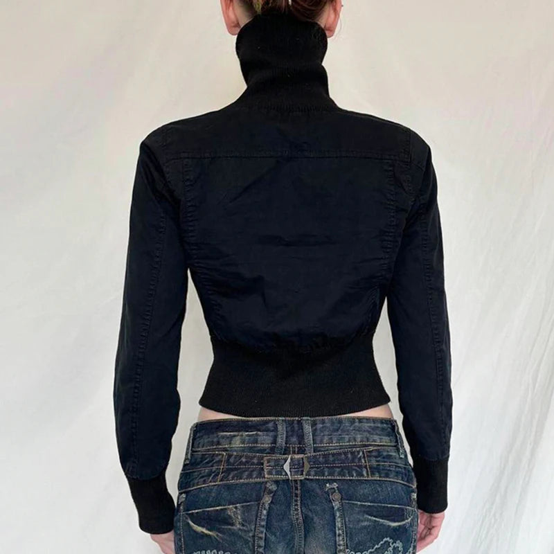 Hnewly Streetwear Black Zip Up Jacket Autumn Winter Turtleneck Full Sleeve Cropped Jackets for Women y2k Vintage Ladies Outwear