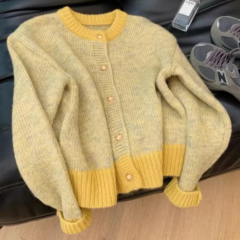 Hnewly Single-breasted Cardigan Long Sleeve Patchwork Knitted Sweater O-Neck Casual Warm Coat Office Outerwear Autumn Winter