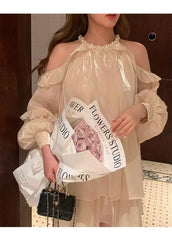 Hnewly DRESS TO IMPRESS Women Chiffon Dresses Summer New French Style  Solid Fashion Sexy Off-the-shoulder Long Puff Sleeve Ruffles Simple Dress