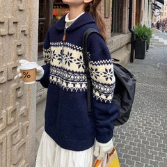 Hnewly  Fair Isle Sweater for Women Cozy Knitwear Polo Collar Quarter Zip Knitted Pullover Jumper Ladies Autumn Winter Vintage Outfit