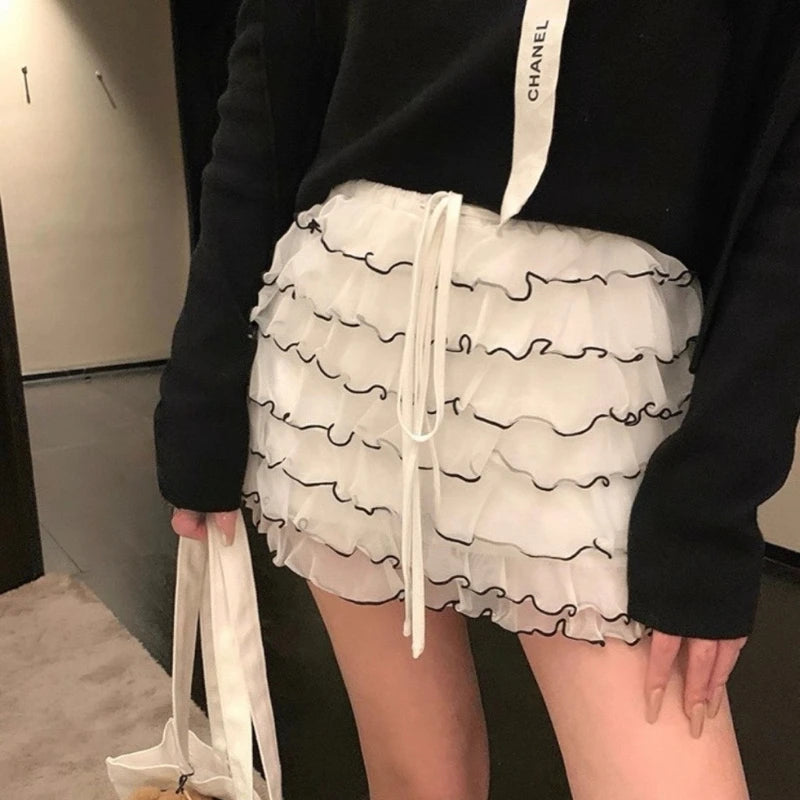 Hnewly  Sweet Fairycore Cake Skirts Women Kawaii Korean Style Ruffle Mini Skirt Elegant Casual High Waist Mesh Layered Skirt