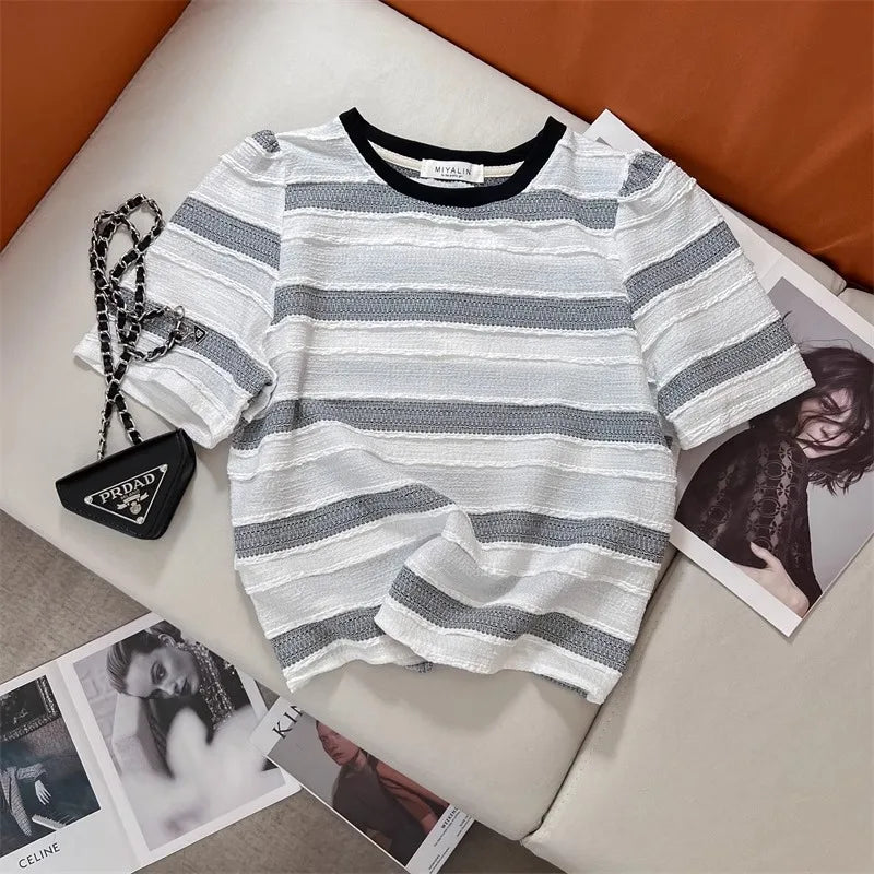 Hnewly  Pink Striped T-shirt Women's Sweet Dopamine  Korean Style Short Top Classic Round Neck Versatile Short Sleeved Tee